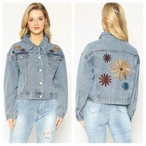 Miss Sparkling Blue Denim Jacket with Floral Embroidery